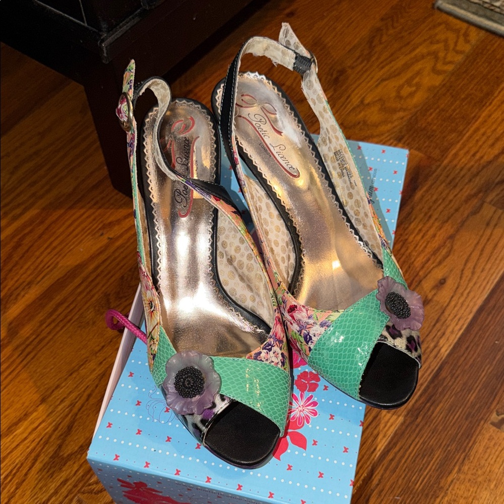 Poetic License Multicolor Floral Green Slingback Peep-Toe Heels